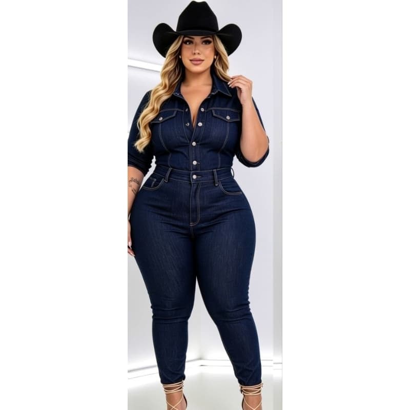 Macacão Jeans Feminino Longo Com Lycra Mamga Curta Com Botões 48/50