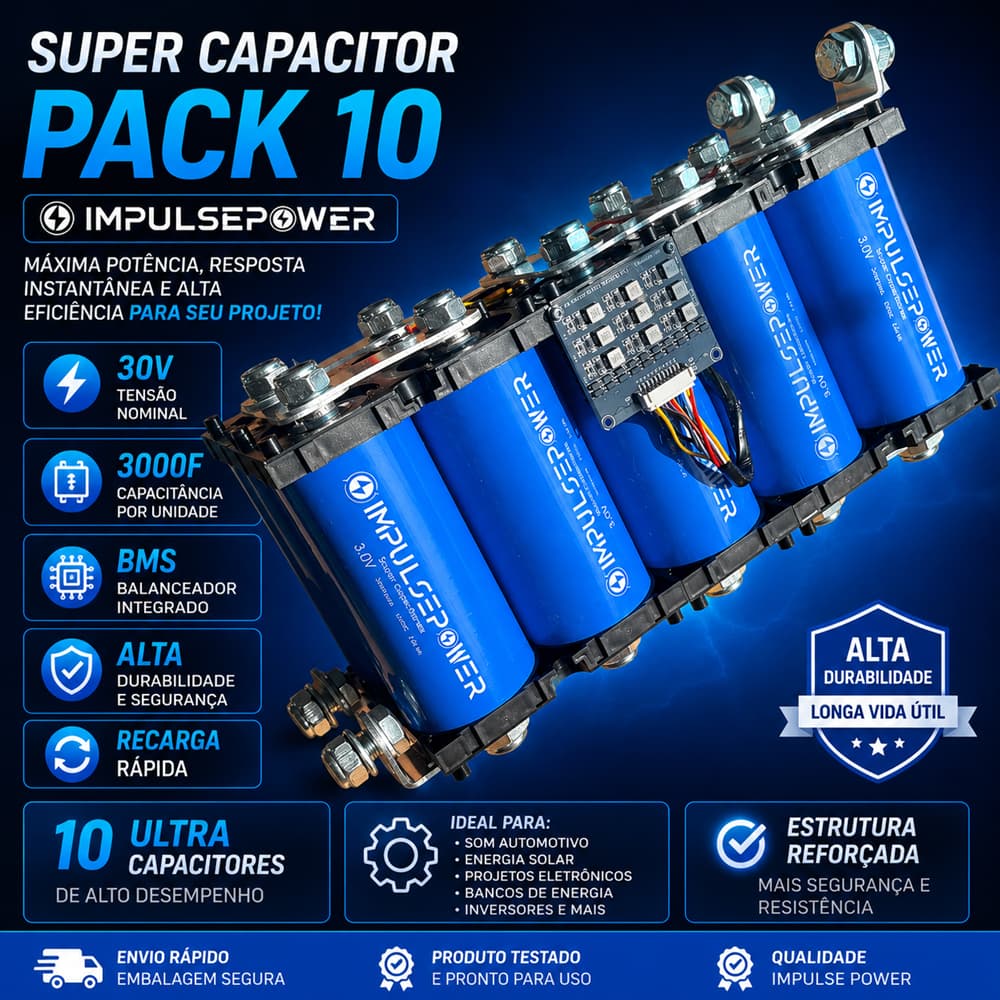 Super Capacitor Pack 10 Impulse Power 30V 3000F com BMS