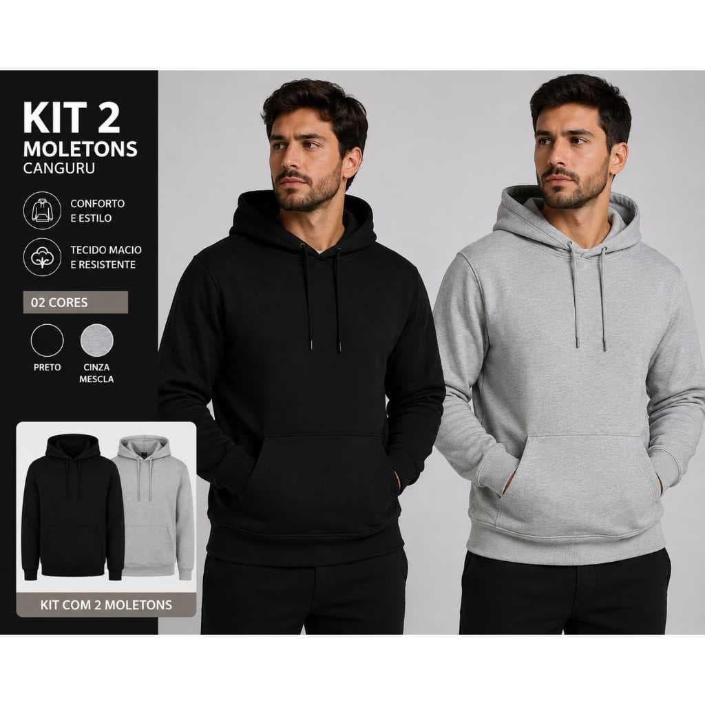 Kit 2 Moletons Masculinos Capuz Bolso Canguru Blusa De Frio Lisa Cores Variadas Inverno Casaco Blusão