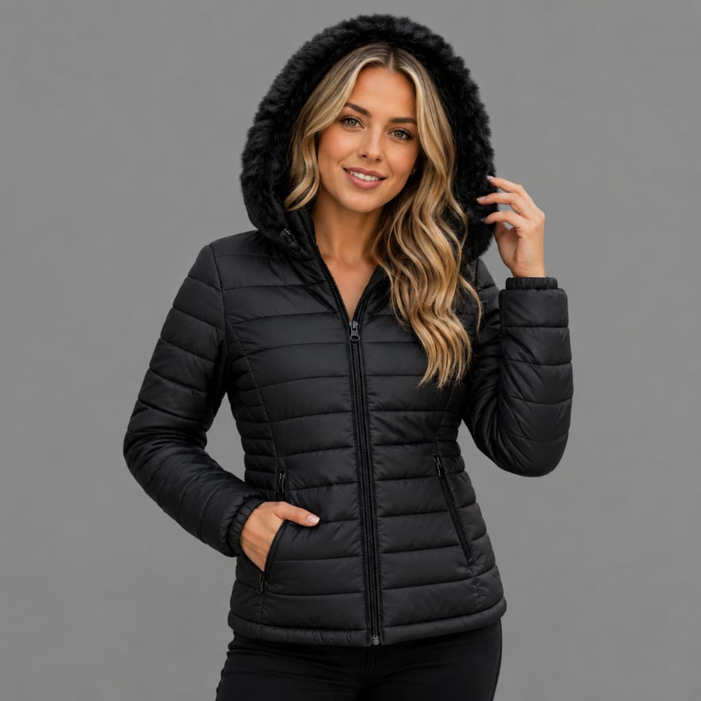 Jaqueta Bobojaco Feminina Puffer Forrada Peluciada Original Capuz Removível Casaco de Frio Gominho