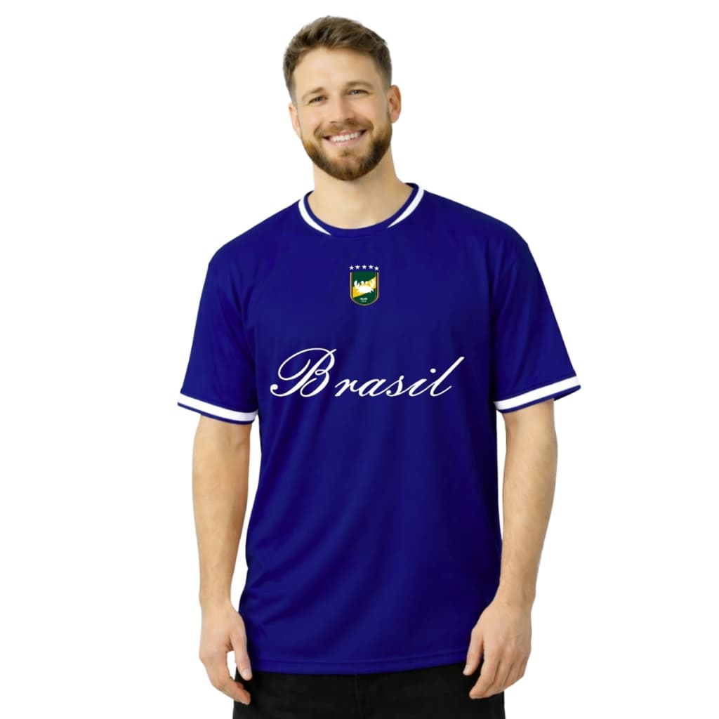 Camiseta Masculina Dry Fit Treino Academia Secagem Rápida Estampa Brasão Amarelo e Azul