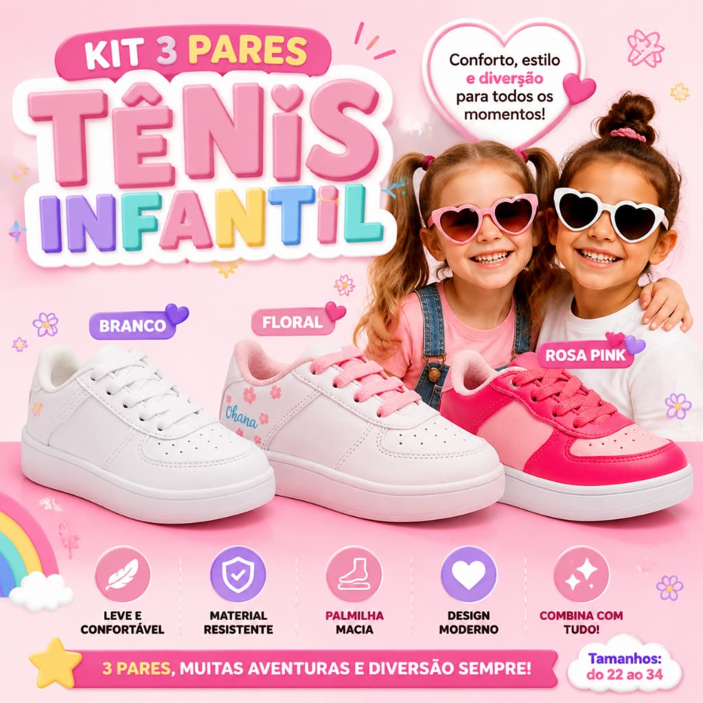 Kit 3 Tênis Casual Infantil Feminino IT Shoes Super Macio E Resistente Para Uso No Dia A Dia