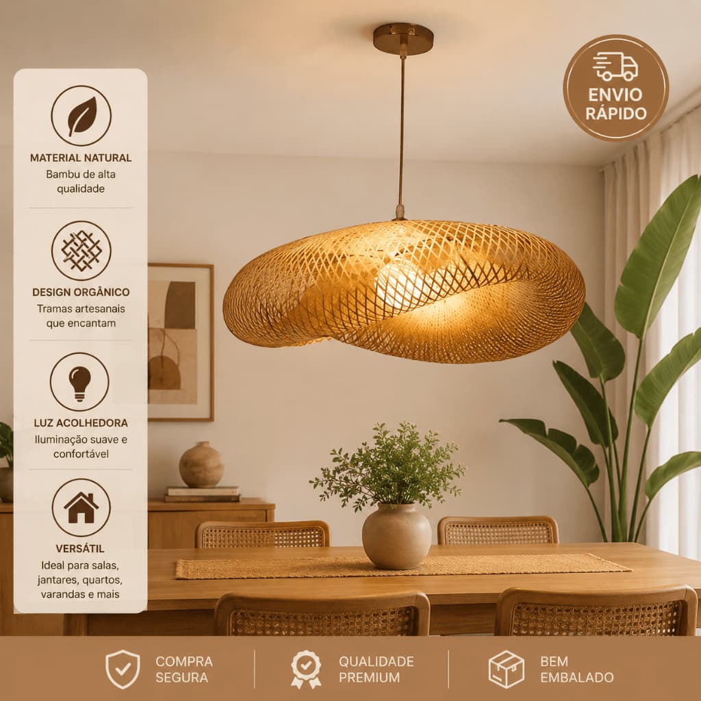 Pendente Decorativo em Bambu Rattan Luxo Moderno para Sala de Jantar