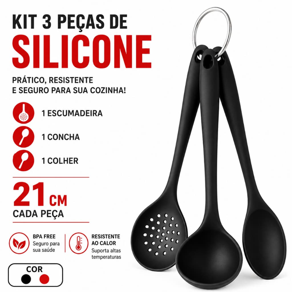 Kit 3 Utensilios De Silicone 21CM Escumadeira Concha Colher Cozinha Resistente Preto Ou Vermelho