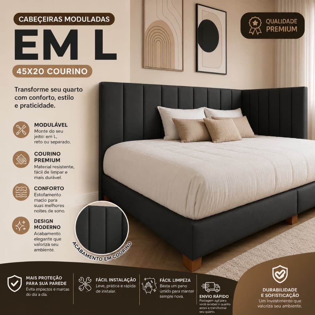 Kit Cabeceira de Cama em L Courino  Placas Estofada 45x20cm- Envio Imediato