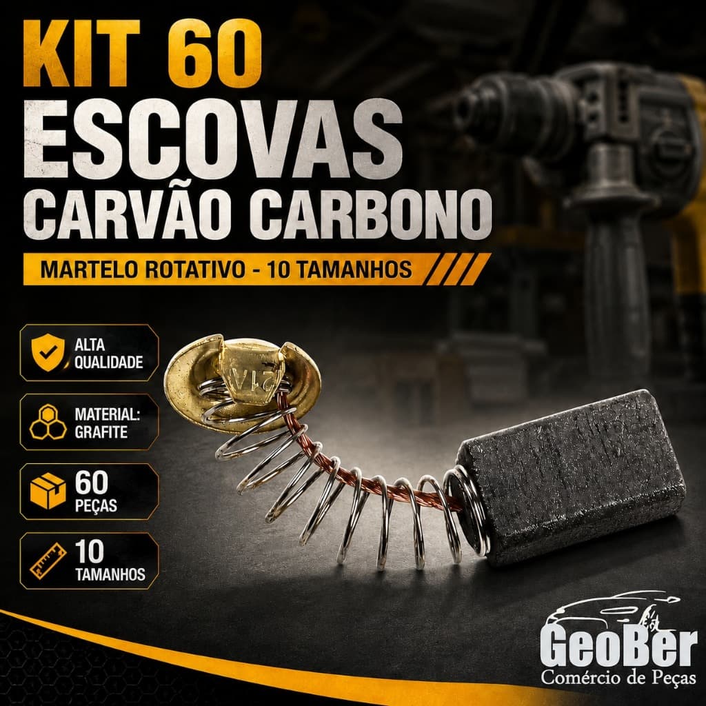 KIT 60 ESCOVAS CARVAO CARBONO MARTELO ROTATIVO - 10 TAMANHOS