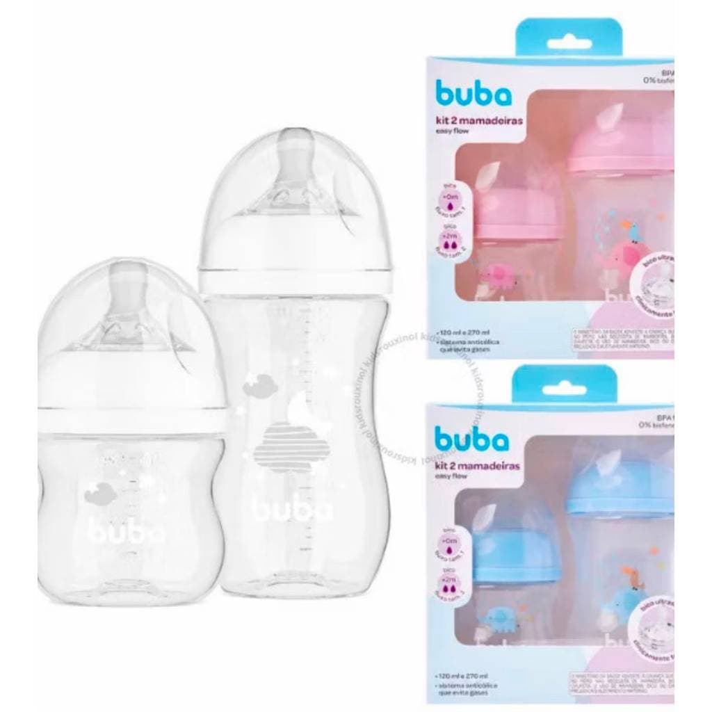 Kit 2 Mamadeiras Buba Easy Flow 120ml e 270ml Anticólica Bico Silicone Livre de BPA para Bebê
