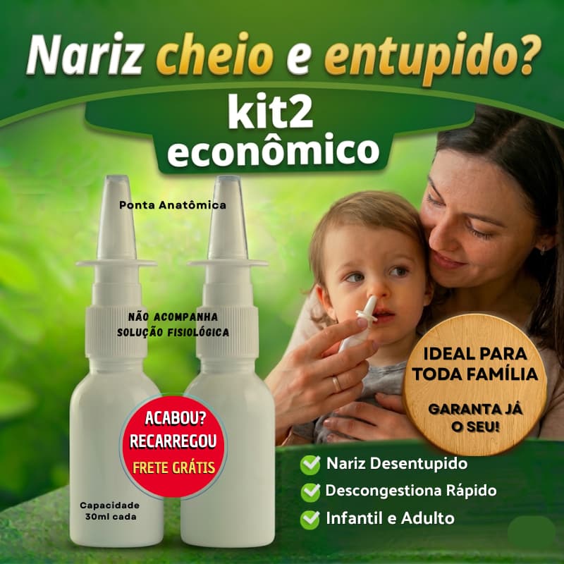 Spray Nasal Reutilizável Limpeza Nasal Descongestão Adulto Infantil Rinite 2 Válvulas + Frascos 30ml