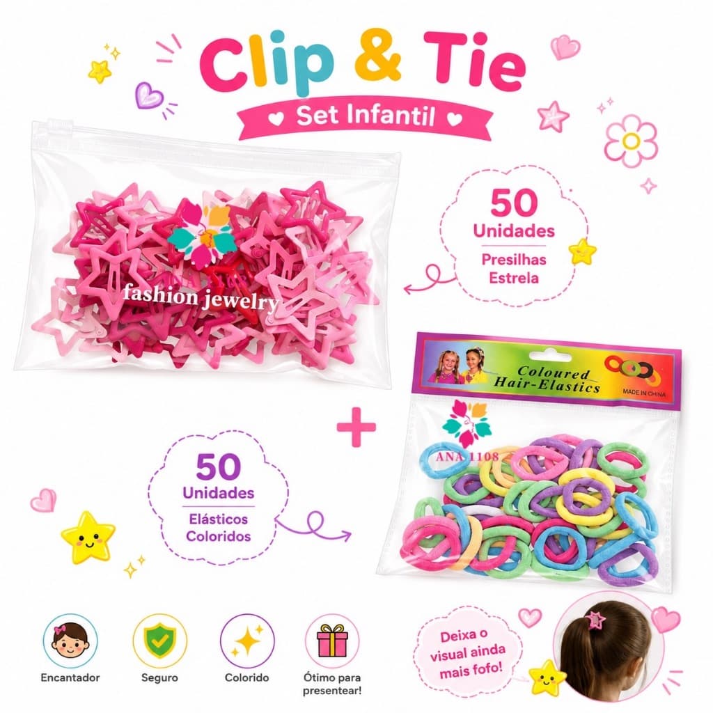 ANA1108 Kit 50Peças Grampos De Cabelo Estrela Dopamina Cor Rosa+Mini50Xuxinha