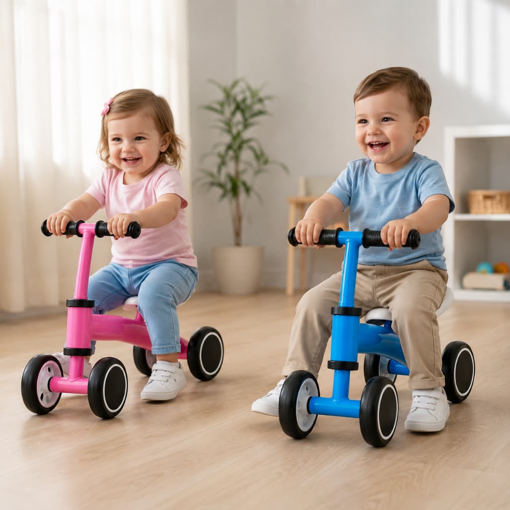 Bicicleta Equilíbrio Infantil Rosa ou Azul Quatro Rodas Sem Pedal Bebê Bike Criança