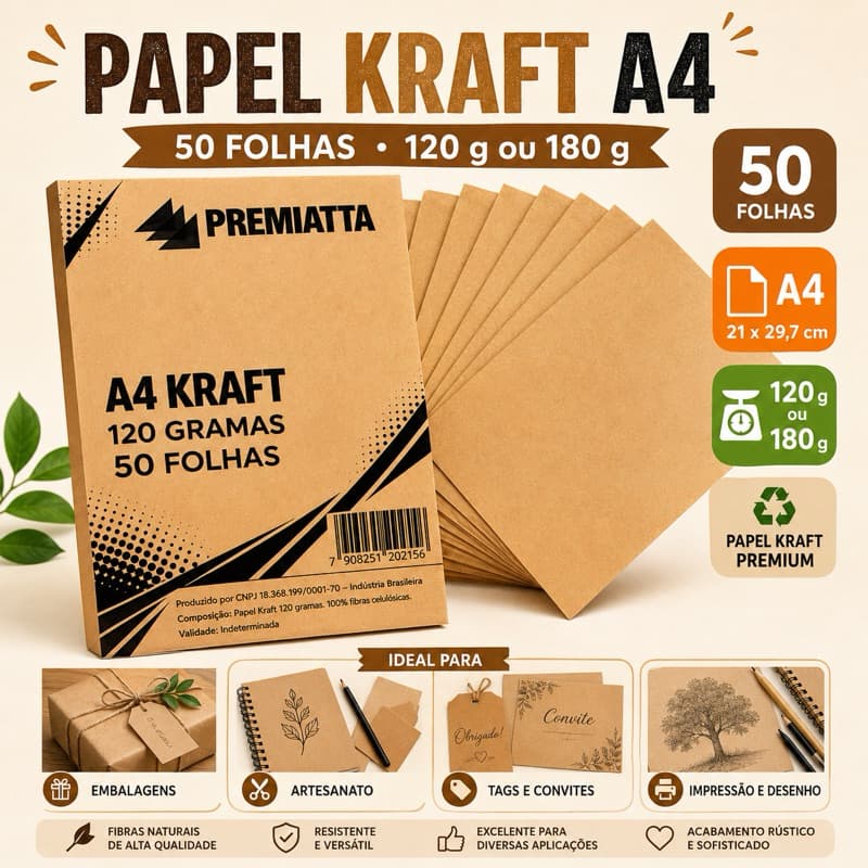 Papel Kraft A4 50 Folhas 120g 180g Para Impressão Convites Tags Artesanato Papelaria