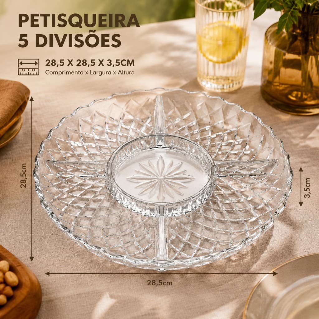 Petisqueira Michele 5 Divisões Vidro Cristal Luxo Mesa Posta Aperitivos Elegante Servir
