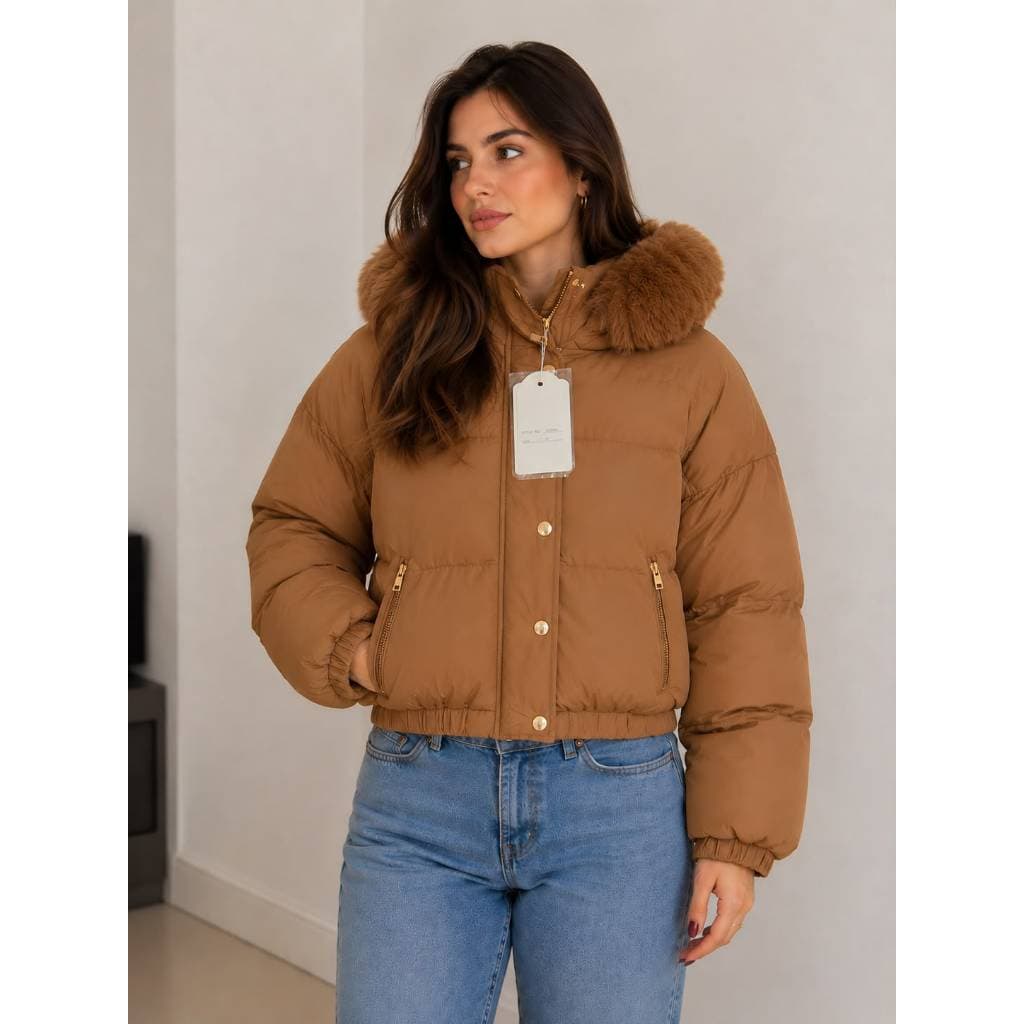 Jaqueta Feminina puffer acinturada forrada pelucia blusa frio bobojaco impermiavel com botão dourado