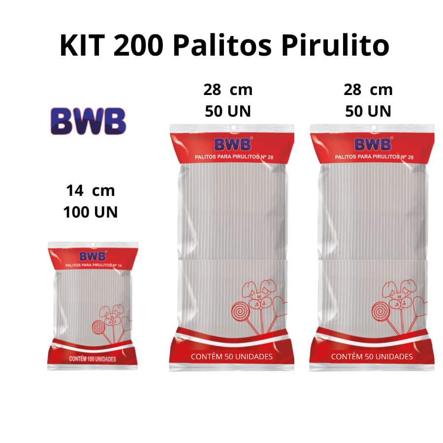 Kit Palito Pirulito BWB Cristal Transparente 14cm 28cm | 200 Unidades para Cake Pop Doces e Topo de Bolo