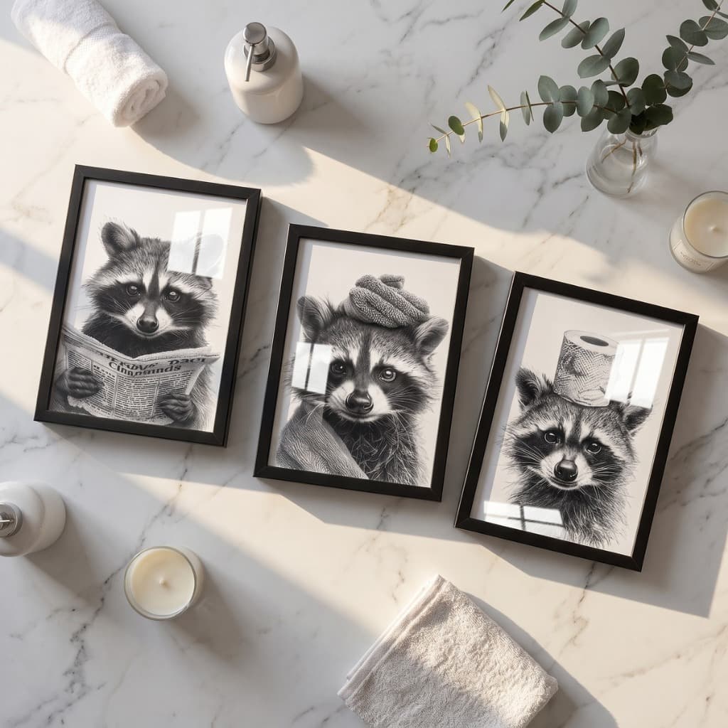Kit 3 Quadros Decorativos 18x24 Banheiro Engraçado Guaxinim Divertido Decoração Moldura e Vidro