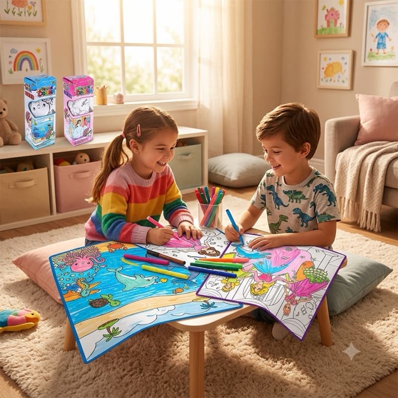 Tapete Infantil Pintura Lavável + 12 Canetinhas Pinte E Apague Com Água