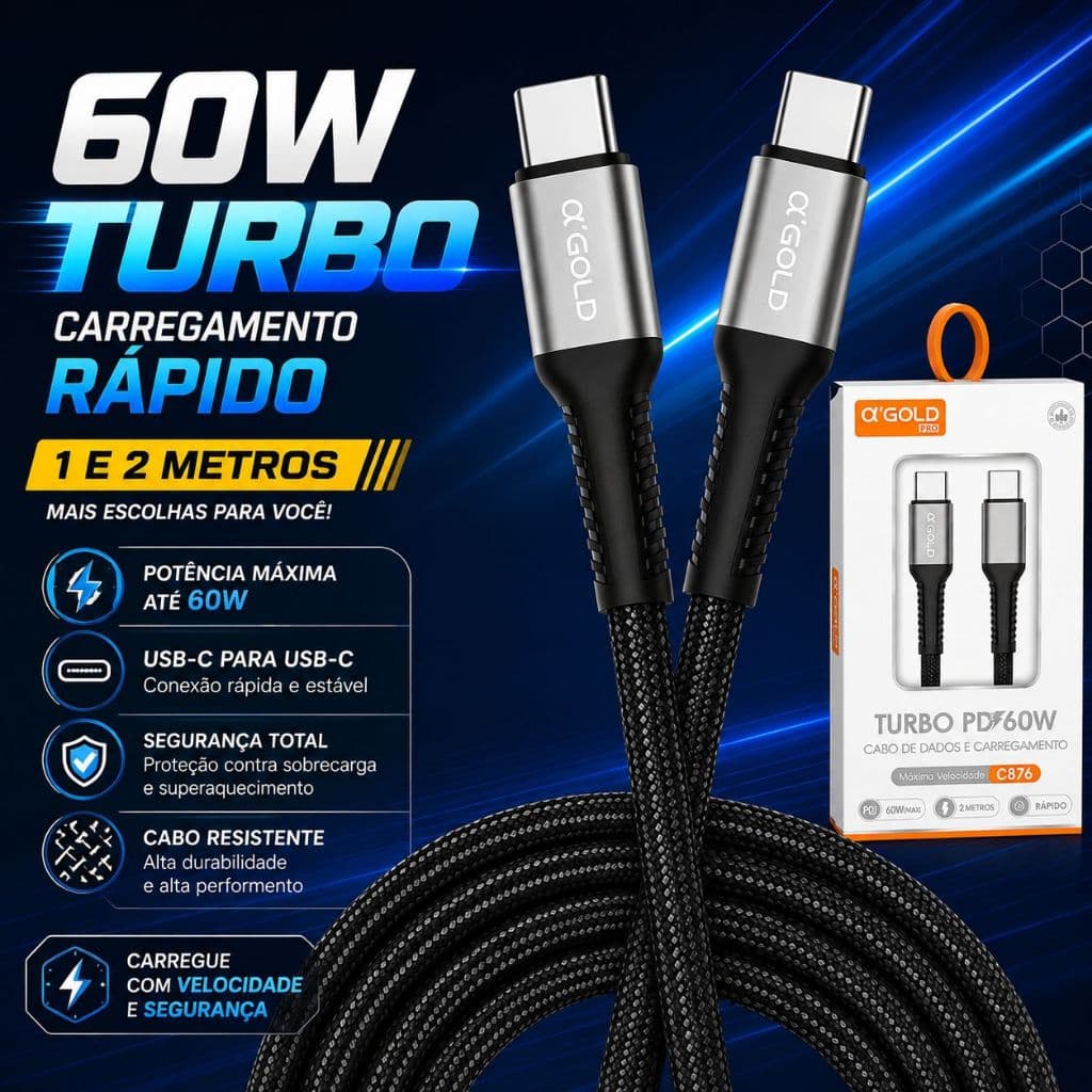 Cabo Turbo 60W Tipo C 2 Pontas USB-C 1 e 2 Metros Carregamento Rápido