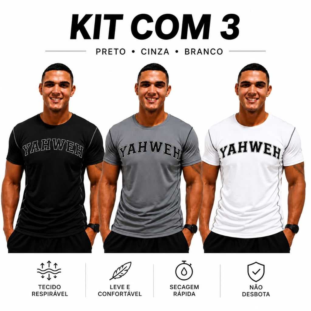 Kit 3 Camisetas Compressão Masculina YAHWEH Academia Fitness Preto Branco Chumbo do P ao GG