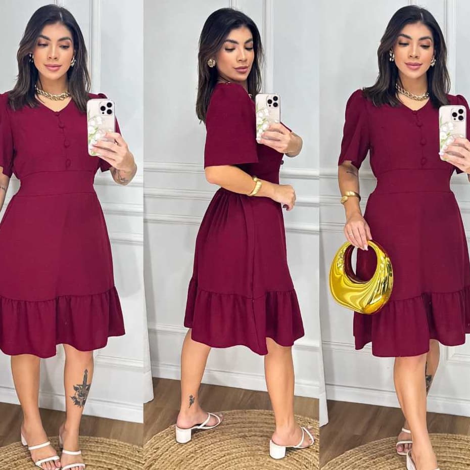 Vestido Midi Feminino com Forro Botões, Manga Curta, Babado e Cintura Marcada – Elegante e Casual
