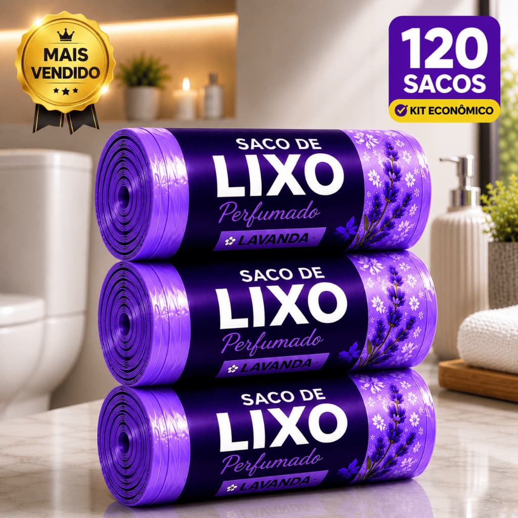 Kit 3 Rolos Saco de Lixo Perfumado Lavanda 120 Sacos Resistente Bobina Picotada 10L Cozinha Banheiro