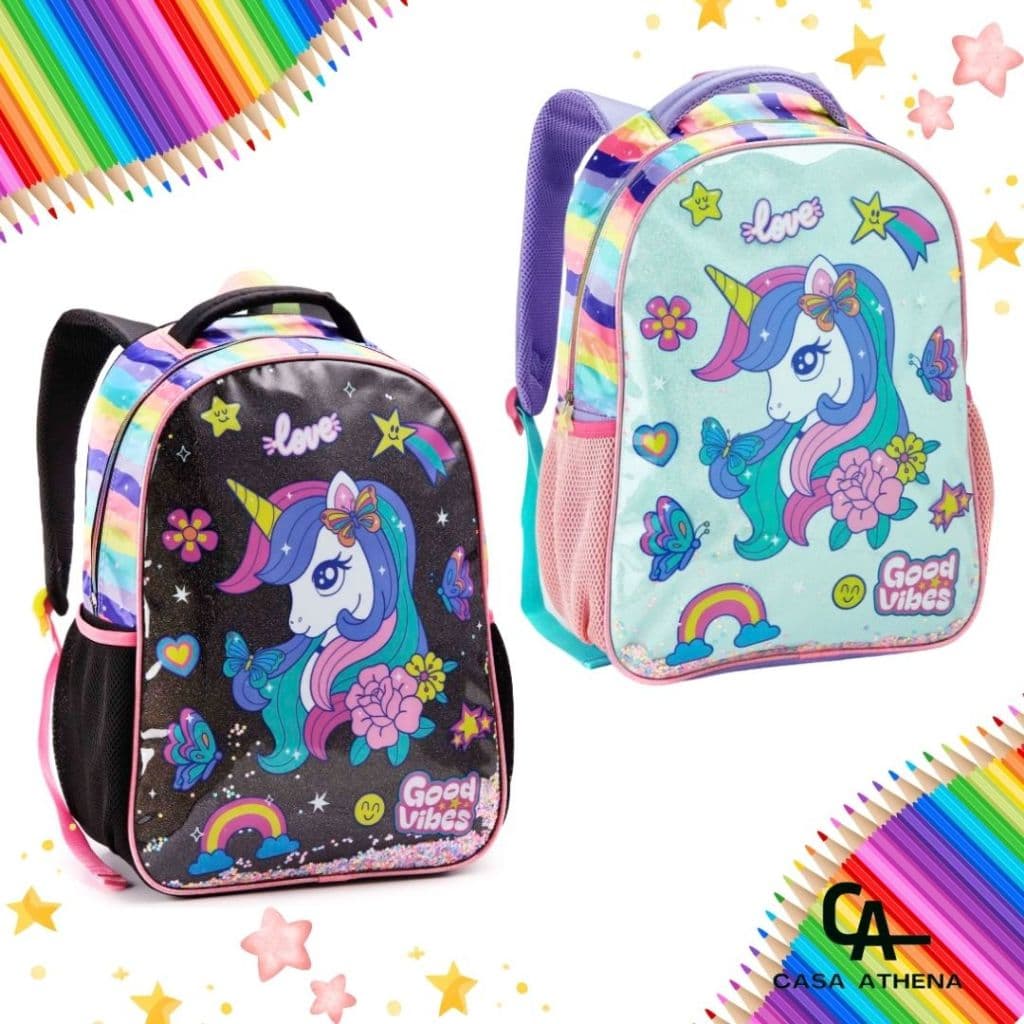 Mochila Grande Escolar Passeio Menina Infantil Unicórnio Colorida Arco Iris Alça Reforçada Seanite