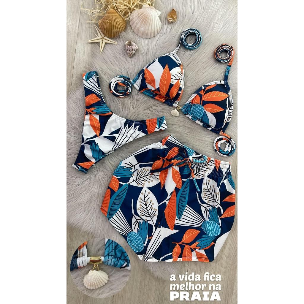 Conjunto Biquíni Cortininha + Shortinho | Look Feminino Praia Verão Colorido Folhagem Azul com Laranja