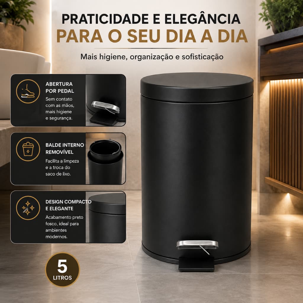 Lixeira com Pedal e Tampa 5 Litros Preta Fosca