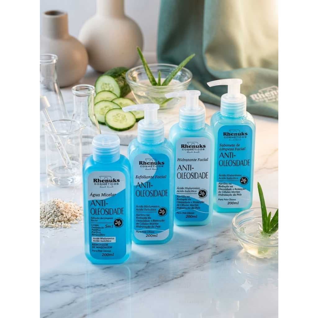 Kit Skincare Anti-Oleosidade Rhenuks Completo 4 Itens: Água Micelar, Esfoliante, Sabonete Facial e Hidratante