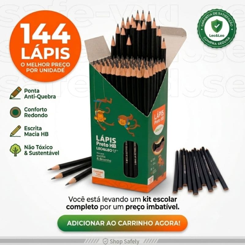 Lápis Preto HB Leo e Leo 144 Unidades - Caixa Atacado Ponta Resistente Não Tóxico Escolar, revenda