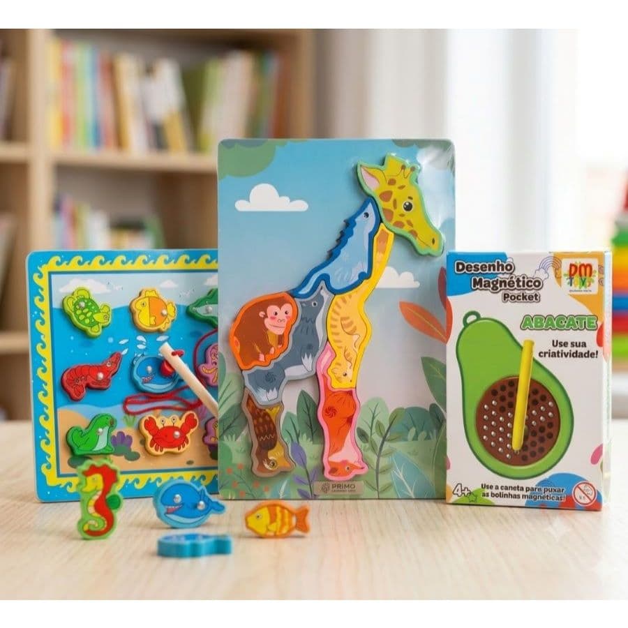 🦒 Kit Brinquedos Educativos em Madeira – Coleção Pedagógica Premium