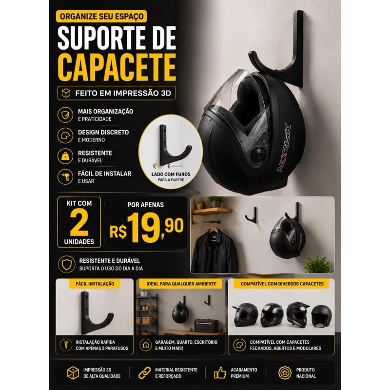 Suporte de Parede para Capacete Moto em Impressão 3D | Kit com 2 Unidades | Organizador Resistente