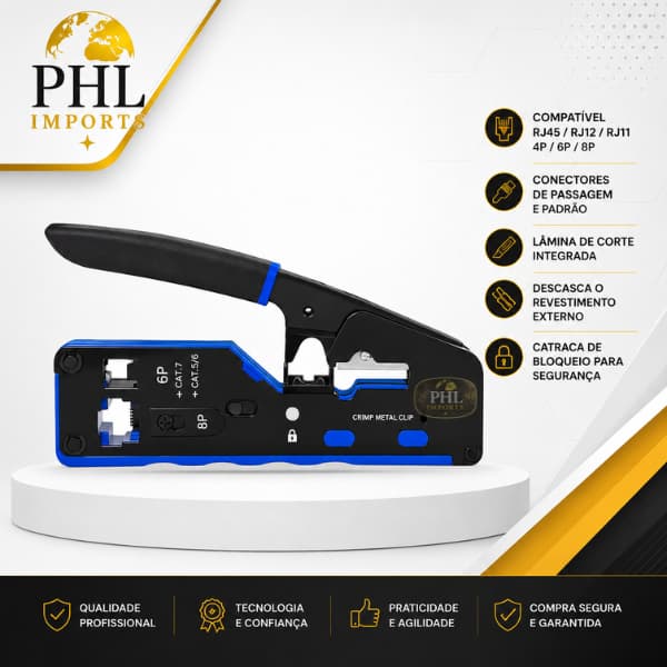 Alicate Multifuncional Crimpagem Vazado Rj45/rj11/12 Cat7 Ez Profissional Preto/Azul Exbom