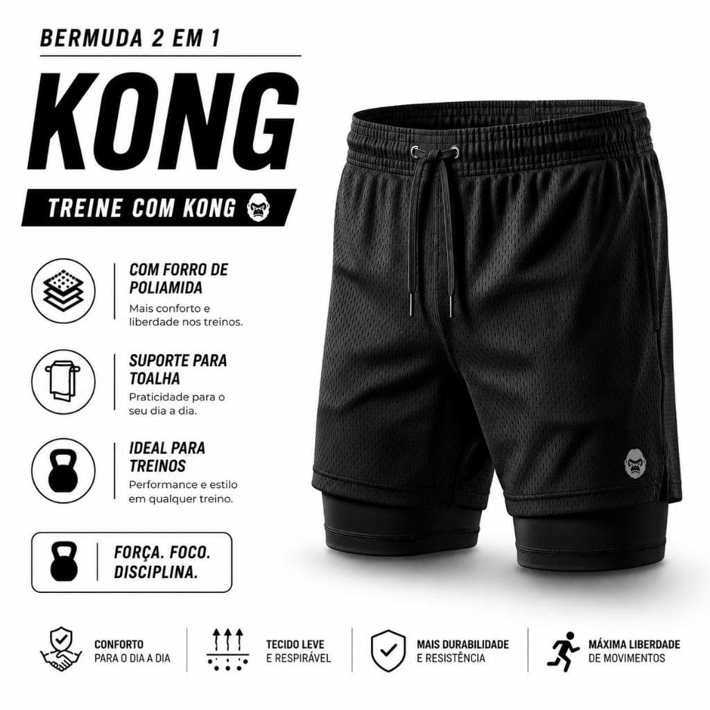 Bermuda Short Masculino 2 em 1 Kong Premium  Forro Duplo Fitness para Atividades físicas academia