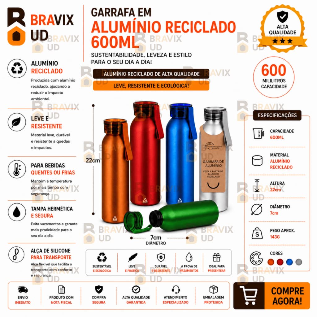 Garrafa em Alumínio Reciclado 600ml Esporte Lazer Academia