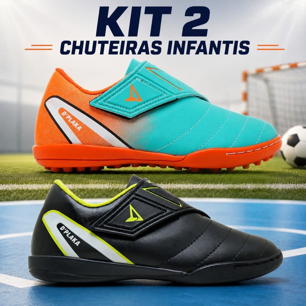 Kit 2 Pares Chuteira Infantil Society  Futsal Gramado Sitentico Com Fechamento em Velcro Calce Fácil