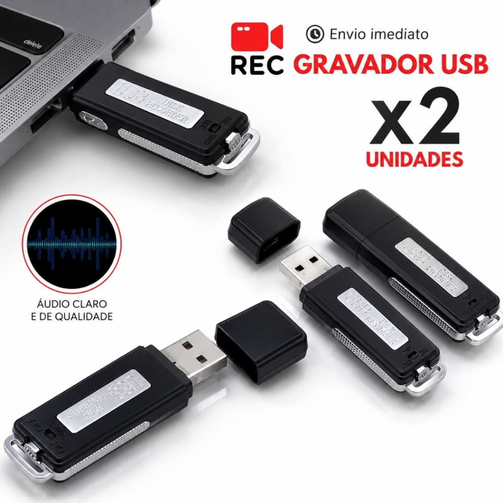 Gravador de Voz Pendrive 8GB - Discreto e de Alta Sensibilidade com Bateria Recarregável