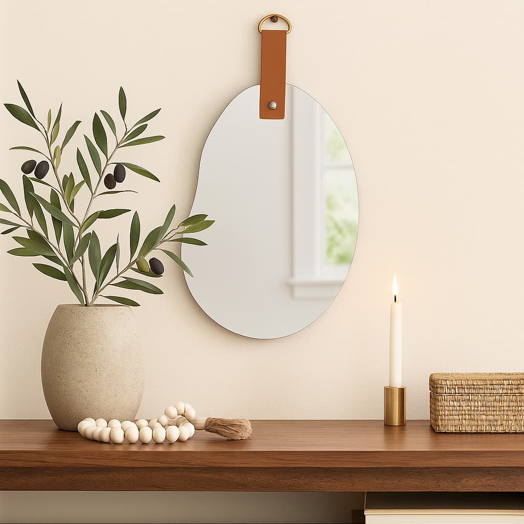 Espelho Orgânico Lapidado Decorativo com Alça de Couro 20x30cm Design Moderno Sala Quarto Banheiro
