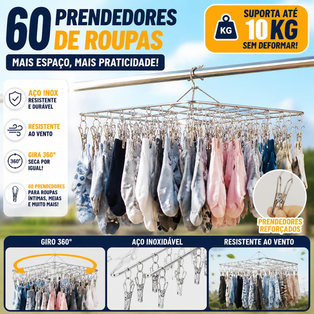 Varal Dobrável Inox Antivento 40/60 Ganchos 40x60cm - Roupas Íntimas Bebê Meias Secador De Meias
