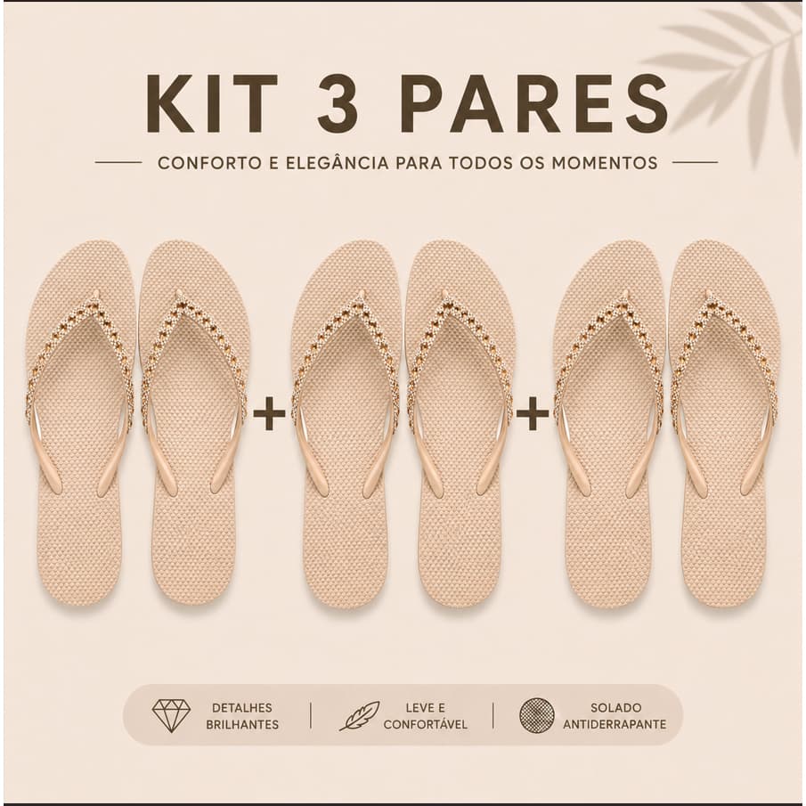 Kit 3 Pares Sandália Feminina com Brilho Rasteira Feminina Strass Look Blogueira Lançamento
