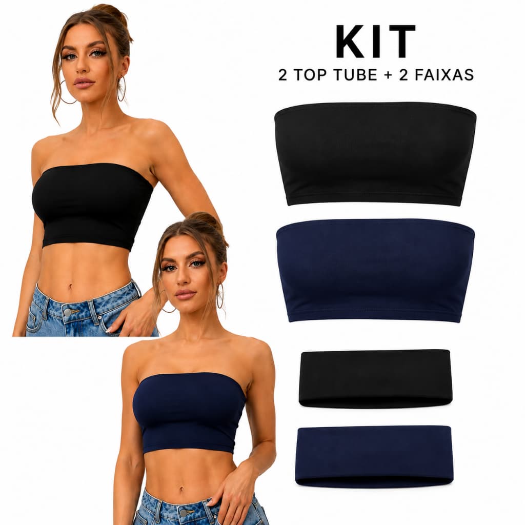 Kit 2 Top Tube Duplo + 2 Faixas Feminino Sem Alça Zero Transparência
