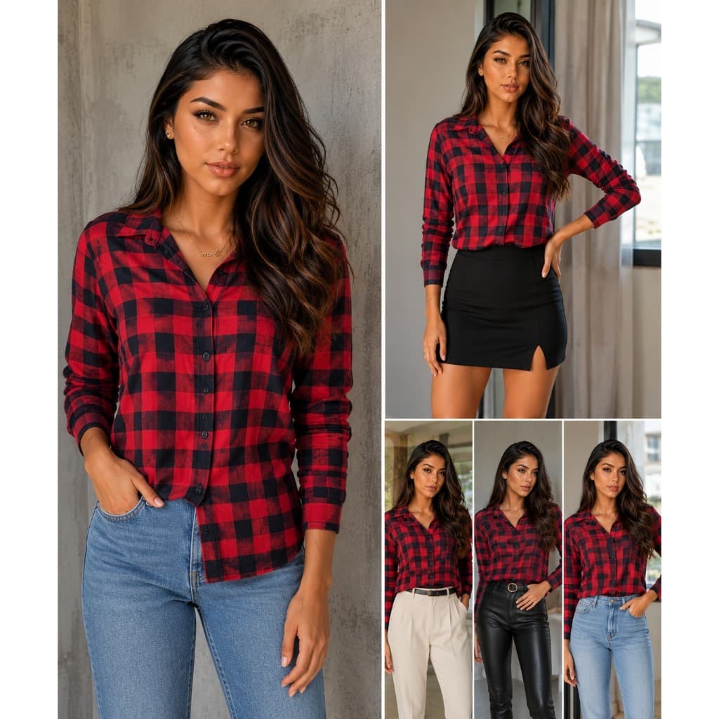Camisa  Xadres Feminina Casual Elegante Manga Longa, Tecido Leve Confortavel botoes,  M40 G 42 GG44.