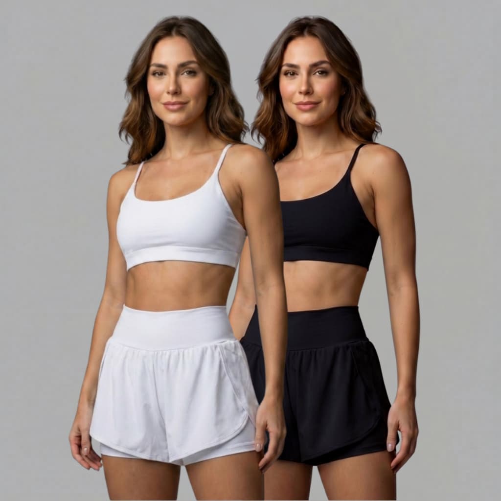 Kit Com 2 Conjuntos Feminino Short Cintura Alta + Top De Alça Para Academia - Diversas Cores