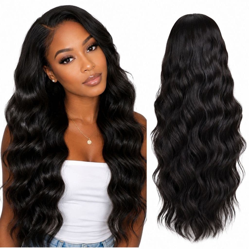 Peruca Ondulada Front Lace Preta Fibra Orgânica 65cm