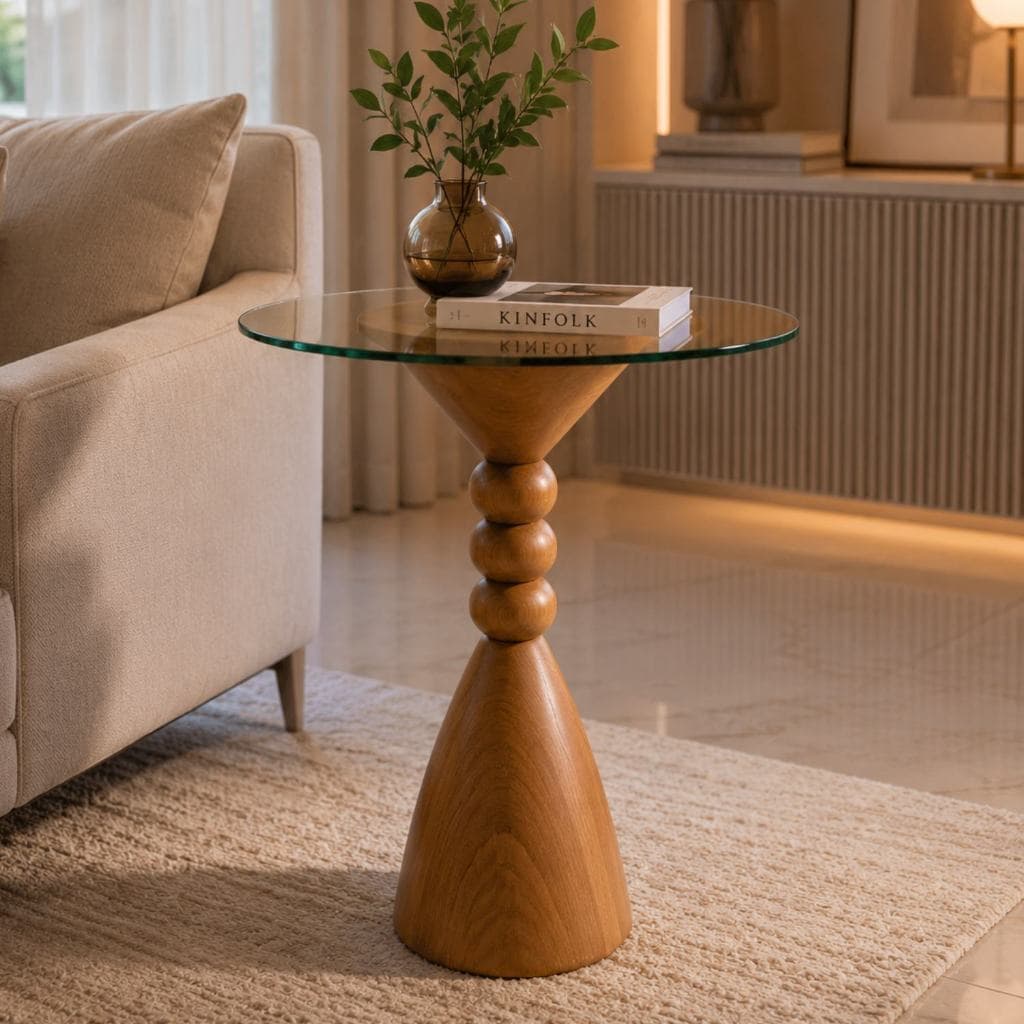 Mesa Lateral Bueno em Madeira Torneada com Vidro Premium Castanho