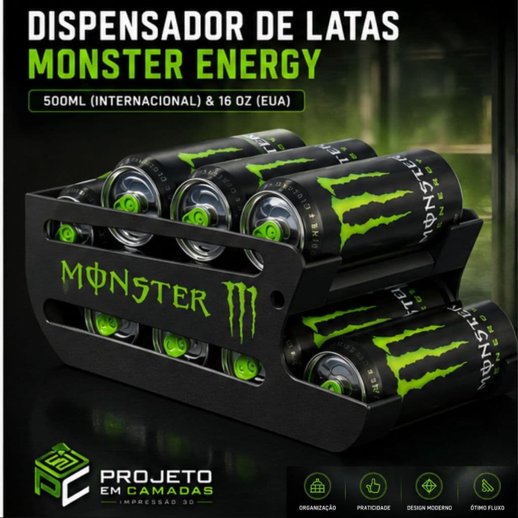 Organizador de Latas Monster 473ml | Dispenser para Geladeira | Porta Latas 3D | 6 Latas