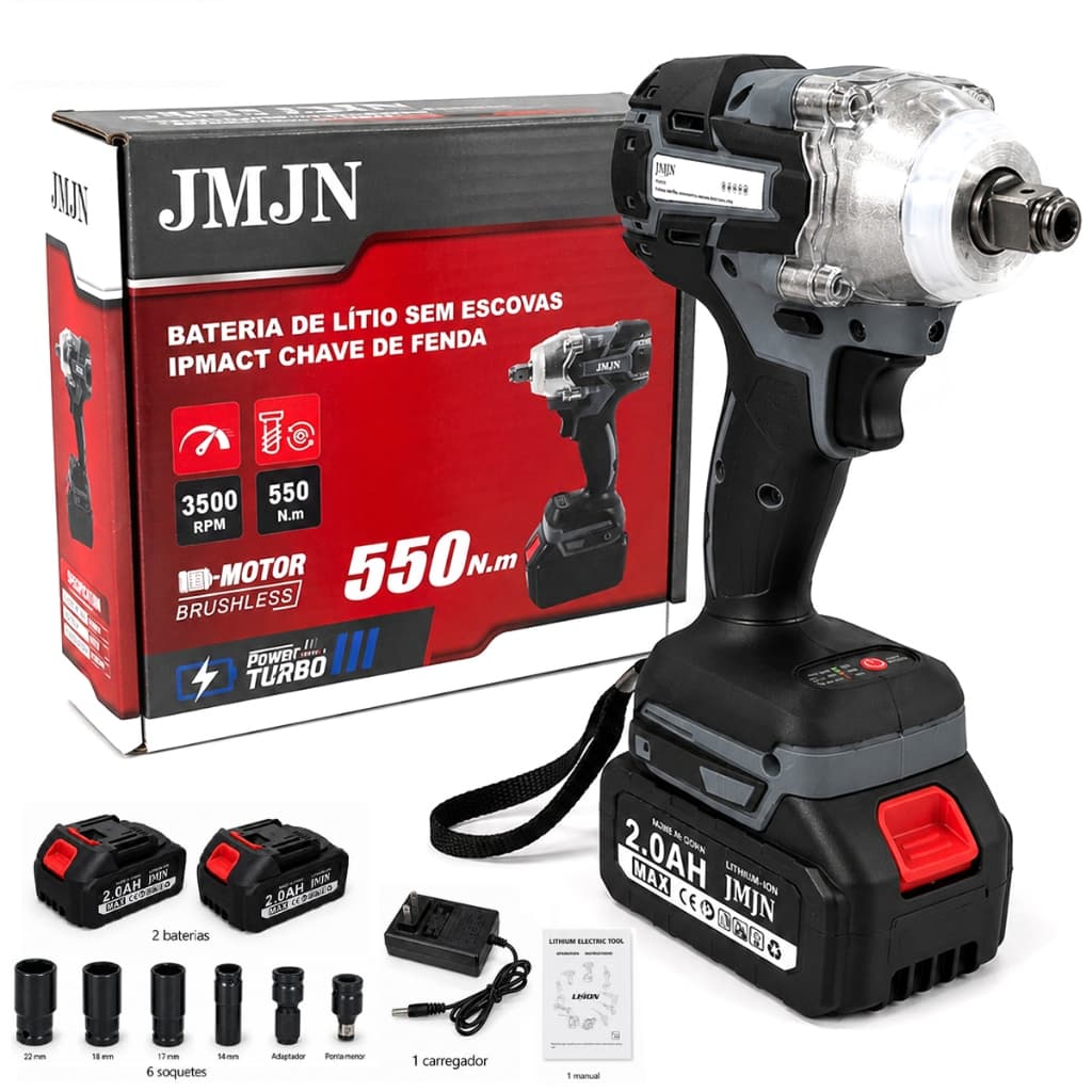 Chave de Impacto a Bateria 48V 550Nm Brushless com 2 Baterias e Kit de Ferramentas