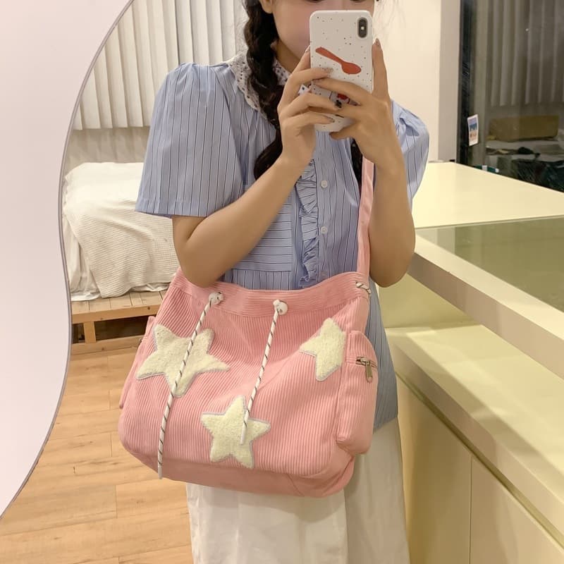 Bolsa Feminina Cotelê Estrela Grande Capacidade Ombro Transversal Tote Bag Fofa