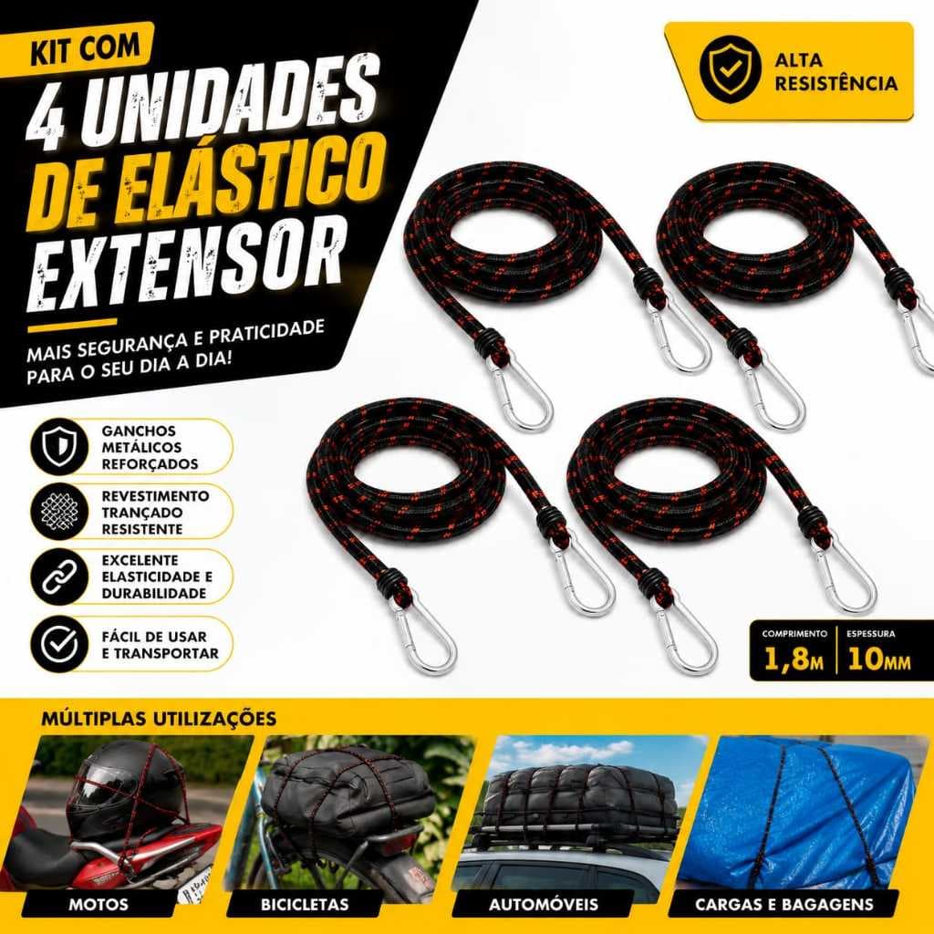 Kit com 4 Elásticos Extensores Idea, Corda Elástica Reforçada com Ganhos Metálicos, para Fixação de Bagagens e Cargas