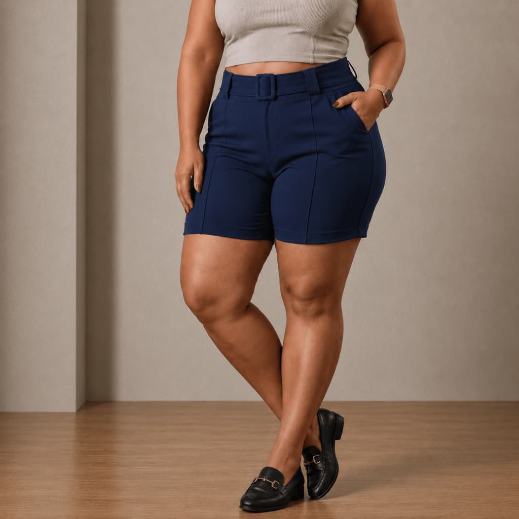 Shorts Com Cinto Fivela Cintura Alta Social Plus Size Feminina Alfaiataria Tecido Bengaline 42 ao 52