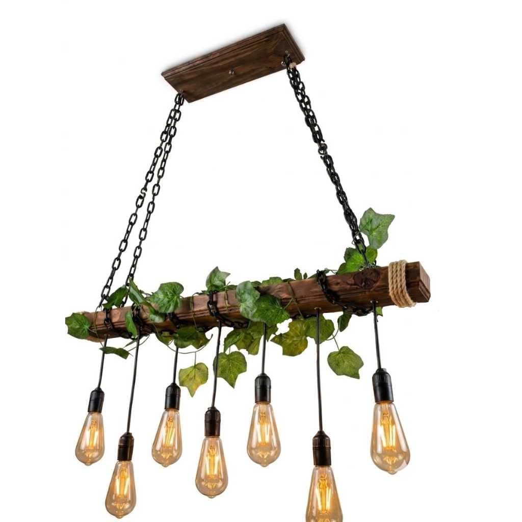 Lustre Luminária Pendente Madeira Maciça Rústico Industrial Bivolt C/ Folhagem Correntes 7 Lâmpadas Pó de Madeira Roots